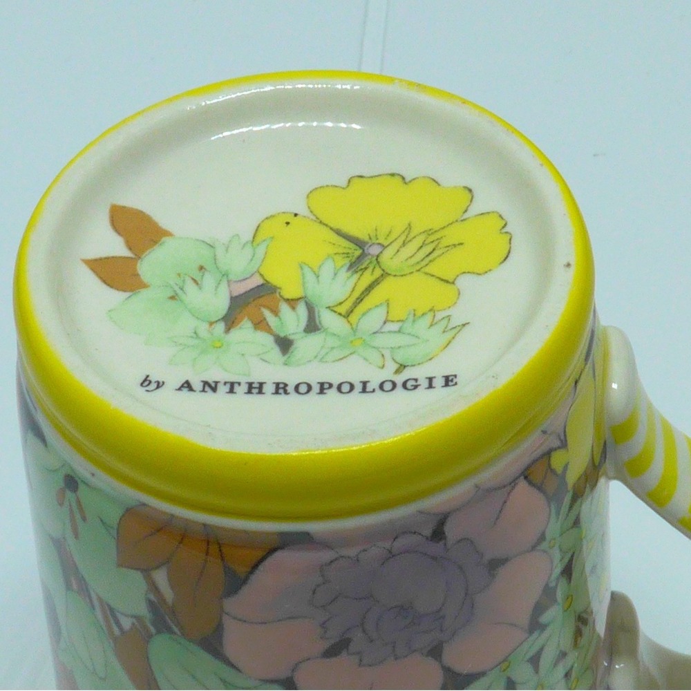 Anthropologie Floral Coffee Mug Yellow Striped Handle Boho Botanical Ceramic Cup - Picture 5 of 5